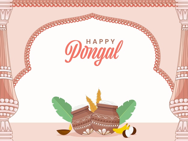 벡터 점토 냄비에 전통적인 요리와 pongal 축 하 개념 바나나 잎 밀 귀 조명 오일 램프 분홍색과 흰색 배경에 diya 코코넛