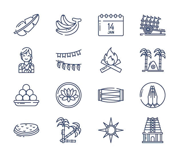 Pongal en indiase festival icon set