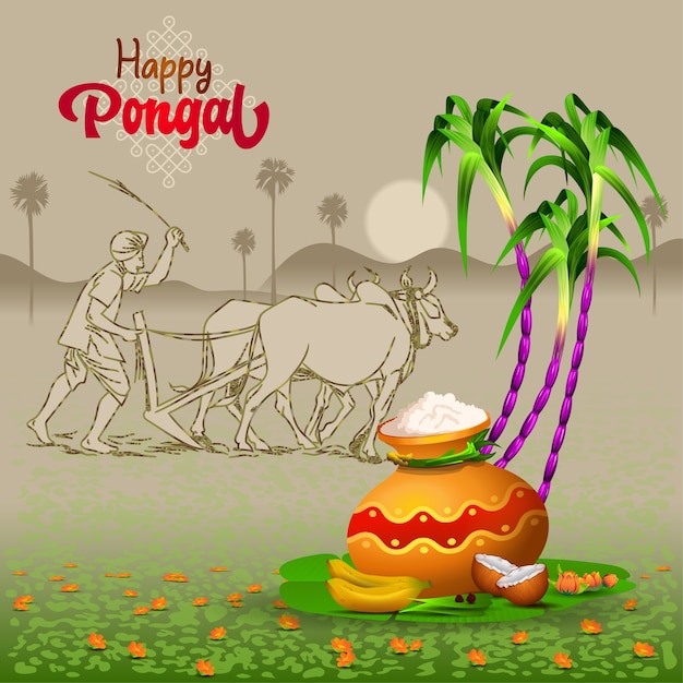 Pongal greetings with ploughing farmer pot sugarcane and traditional things