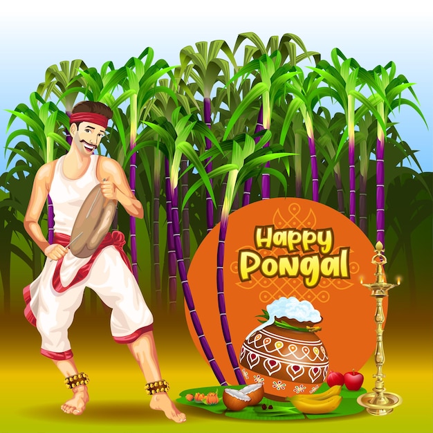 Pongal greetings с фоном фермы сахарного тростника и тамильским народным танцором