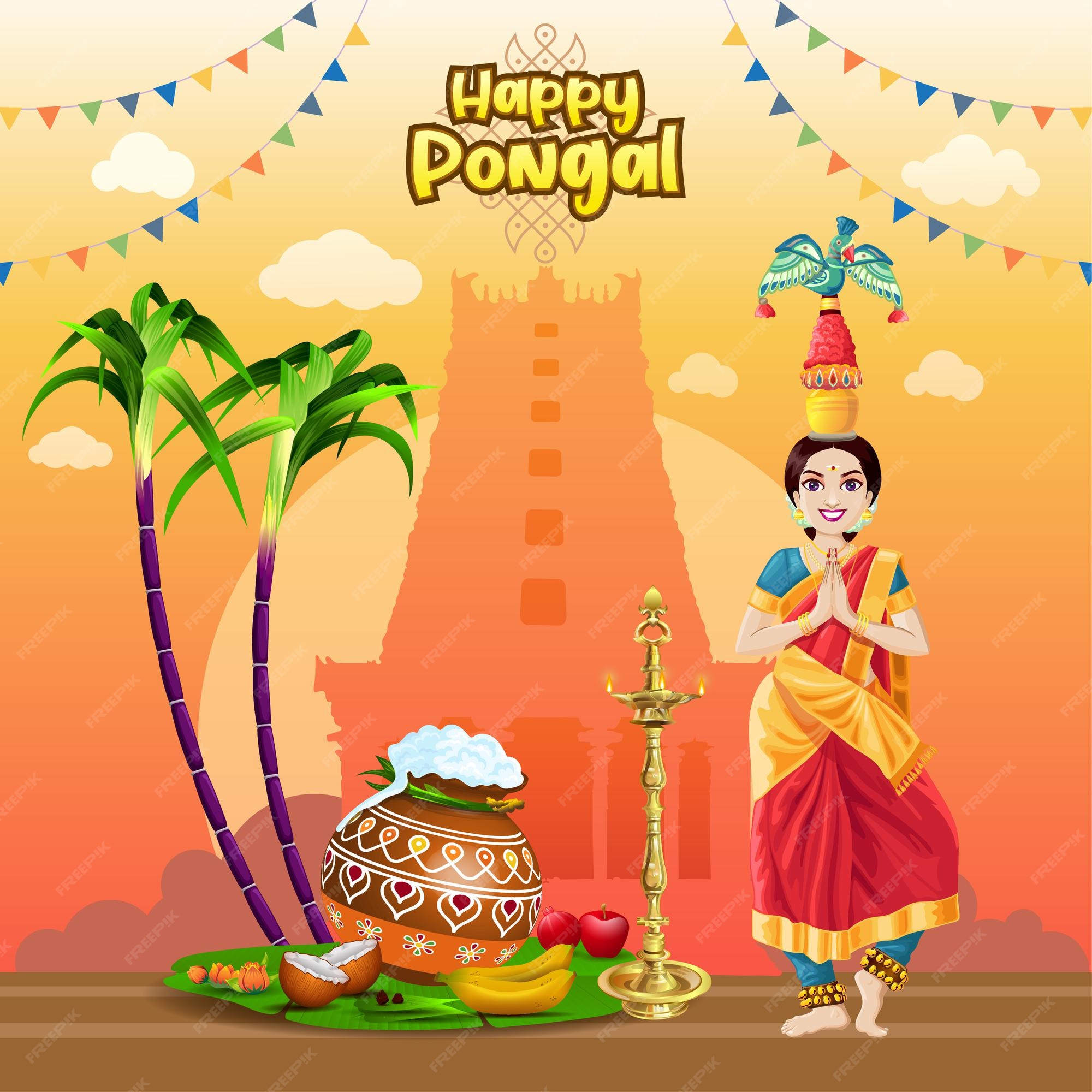 Premium Vector | Pongal greetings with tamil traditional folk dancer in a temple background Premium Vector | Pongal greetings with tamil traditional folk dancer in a temple background