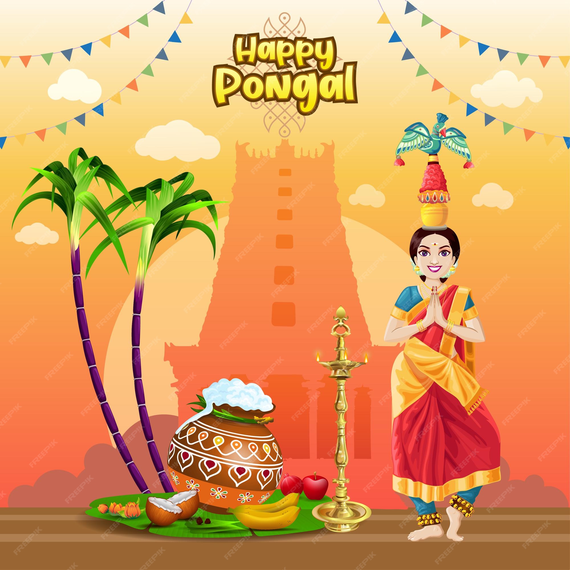 Premium Vector | Pongal greetings with tamil traditional folk dancer in a  temple background