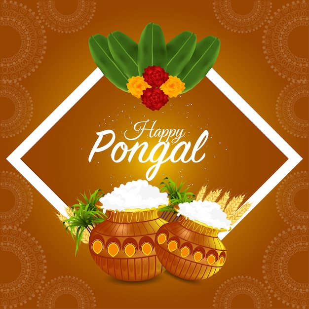 Pongal indian festival celebration greeting card with mud pot