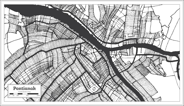흑백 색상의 폰티아낙 인도네시아 도시 지도