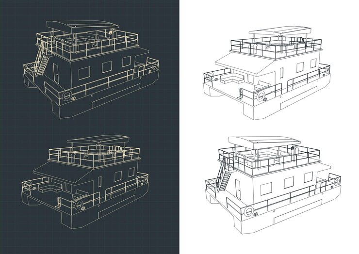 Vector pontoon floating house drawings