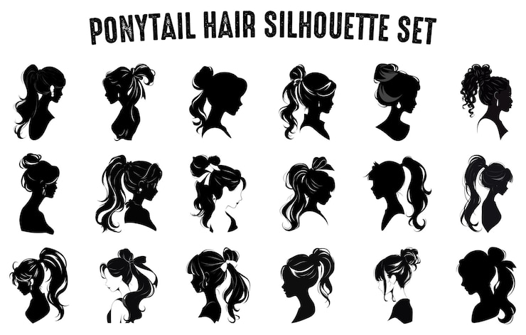 Vector ポニーテール ハーシルエット ベクトルセット 女の子のヘアスタイル シルエット 女性のヘアシルエットイラスト