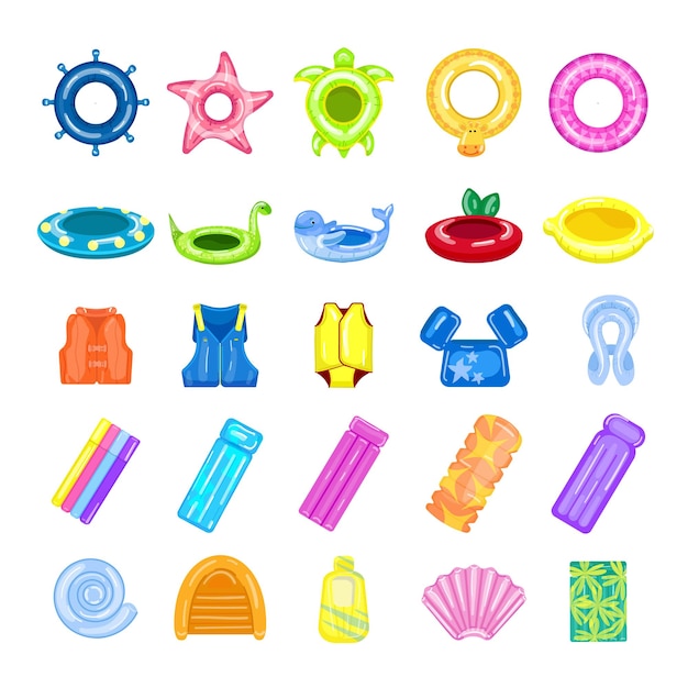 Pool equipment icons set cartoon vector Snorkle pool