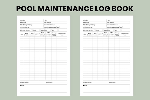 Pool maintenance log book for kdp interior