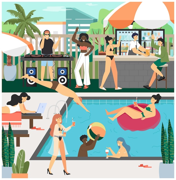 ベクトル プールパーティーの概念のベクトル図です。プールサイドでの夏休み。幸せな人はプールで泳いだり、飲んだり踊ったりします。 djとのプールパーティー