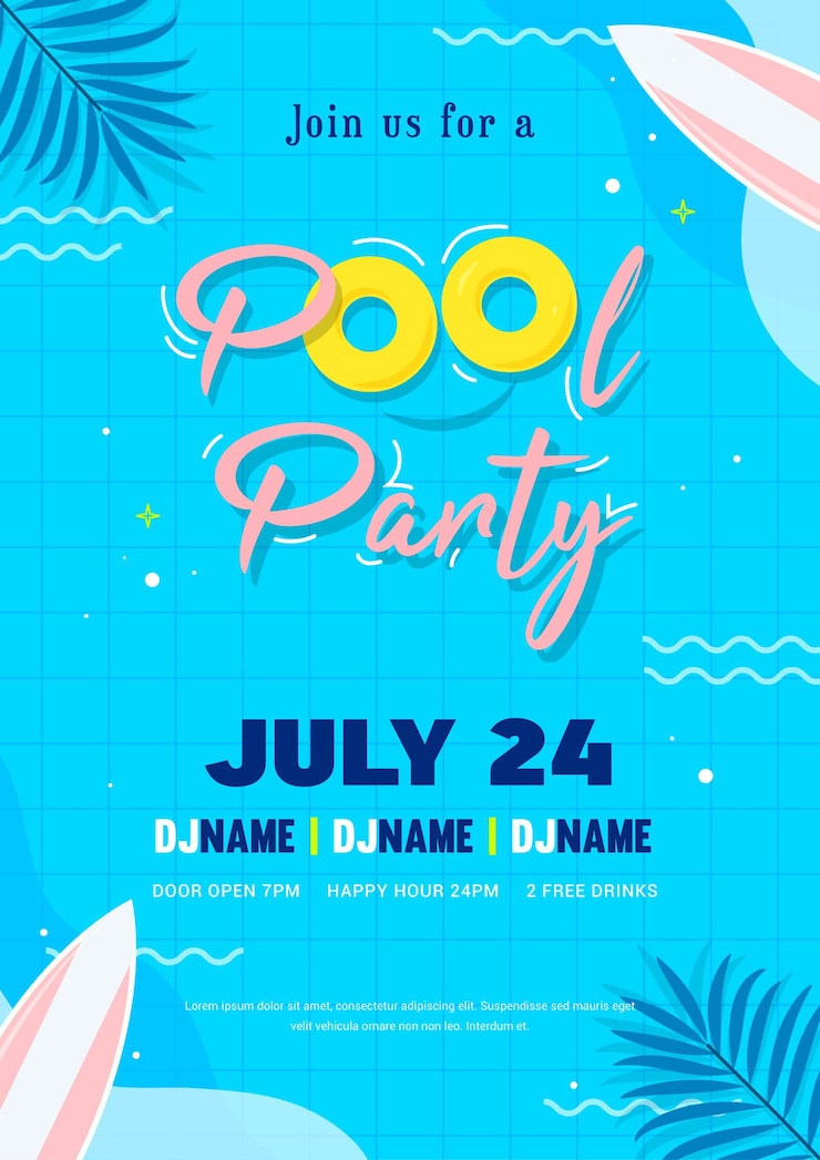 Pool party invitation poster vector illustration. Top view of swimming pool with floating surfboard