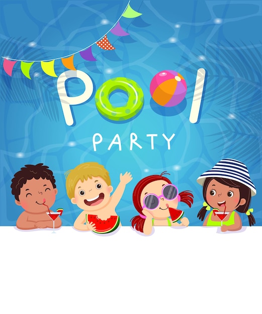 Vector pool party invitation template card with kids enjoying in swimming pool.