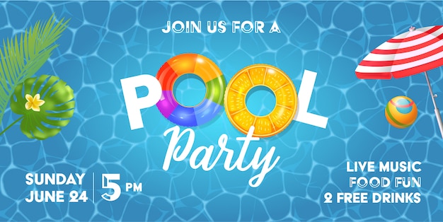 Pool party invitation template with pool surface, palm leaves, beach umbrella and rubber ball. Realistic inflatable rainbow and orange rings.