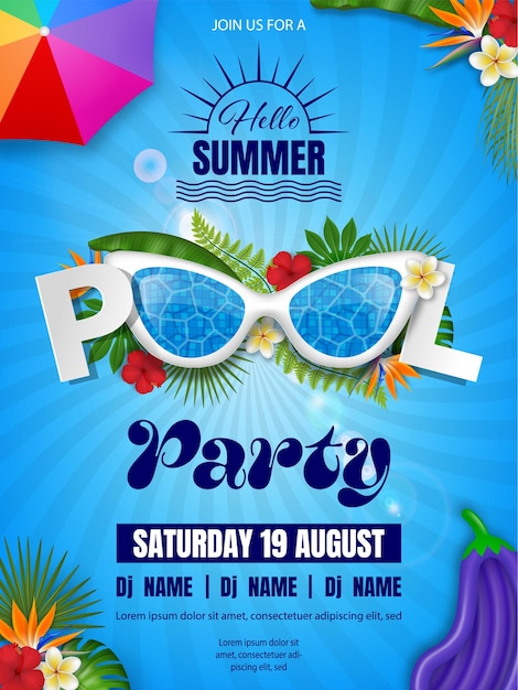 Vector pool party poster hallo zomer achtergrond met zonnebril en springkussens