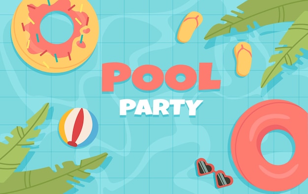 Vector pool party poster rubber rings and ball near sunglasses at water summer season and hot weather travel and tourism holiday and vacation greeting potcard design cartoon flat vector illustration