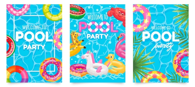 Vector pool party poster. welcome to pool party flyer with swimming pool, floating rings and tropical leaves set.