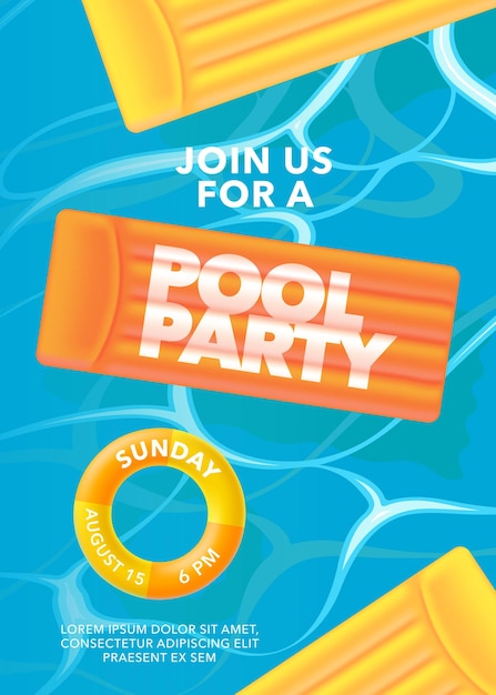 Manifesto della festa in piscina con anello gonfiabile nell'illustrazione della piscina.