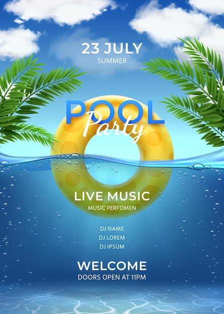 Vector pool party. summer swimming party invitation template with inflatable ring, palm leaves, water and sky with clouds, realistic vector poster. illustration pool party summer template poster