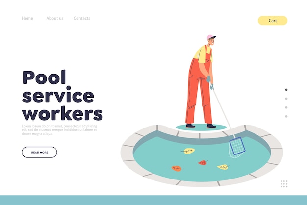 Pool service workers concept of landing page with man cleaning pool from garbage and leaves with net. professional pool clean maintenance company. cartoon flat vector illustration