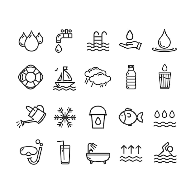 Бассейн и водные знаки Черная тонкая линия Icon Set Vector