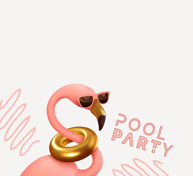 Vector poolfeest roze flamingo in zonnebril realistisch 3d-element. zomer stijlvol ontwerp. feestbanner, webposter. abstracte kunst. vectorillustratie geïsoleerd op roze achtergrond.