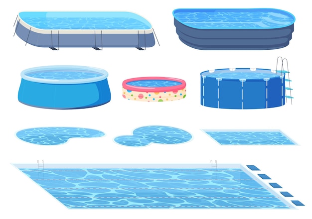 Pools of various shapes and types Portable and stationary pools Water tanks for swimming in them