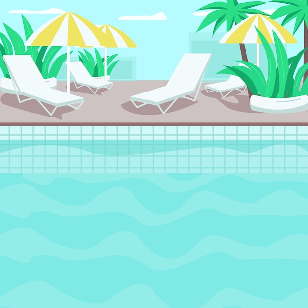 У бассейна плоская цветная иллюстрация. жилой отель. премиум тропический курорт. пальмы и растения. чистая голубая вода. бассейн 2d мультфильм пейзаж с шезлонгами и зонтиками на фоне