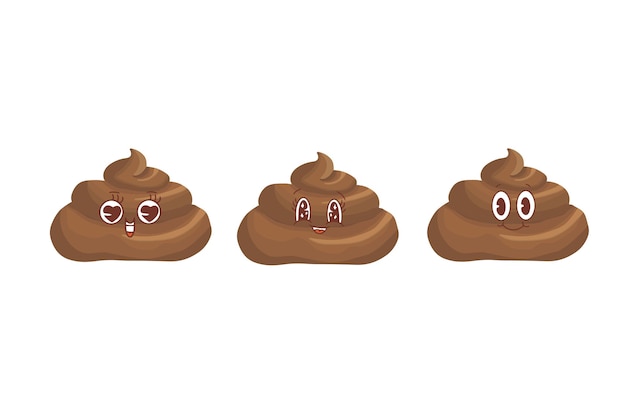 Poop cute funny excrement character cartoon emoticon set isolated on white background kawaii brown heap of shit emoji collection flat design vector clip art baby poo with faces illustration