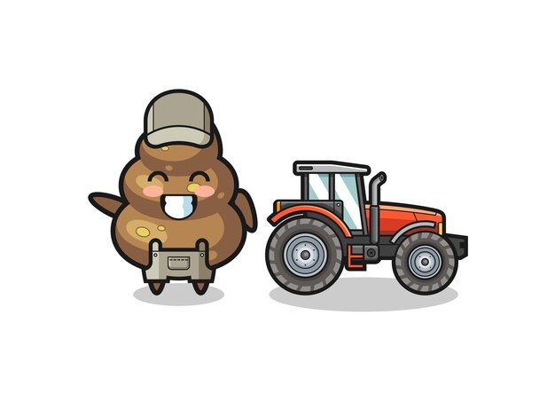 The poop farmer mascot standing beside a tractor