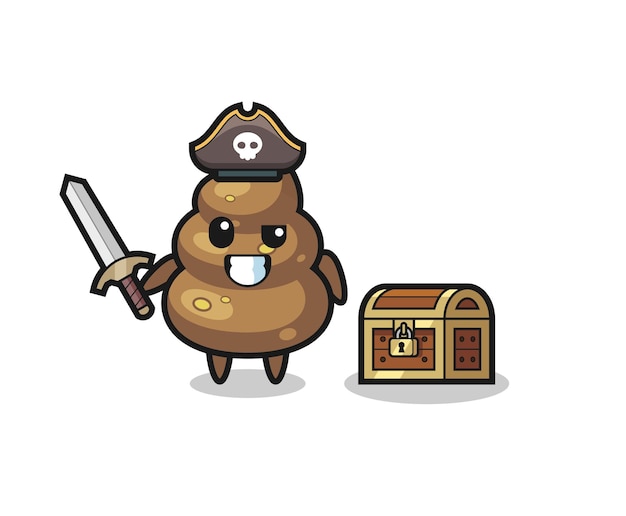 The poop pirate character holding sword beside a treasure box
