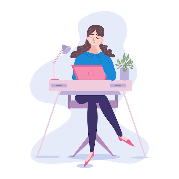 A poor bored or tired office woman or working from home. she is overloaded, unhappy and probably can't handle deadlines to finish the task. cartoon flat  illustration.