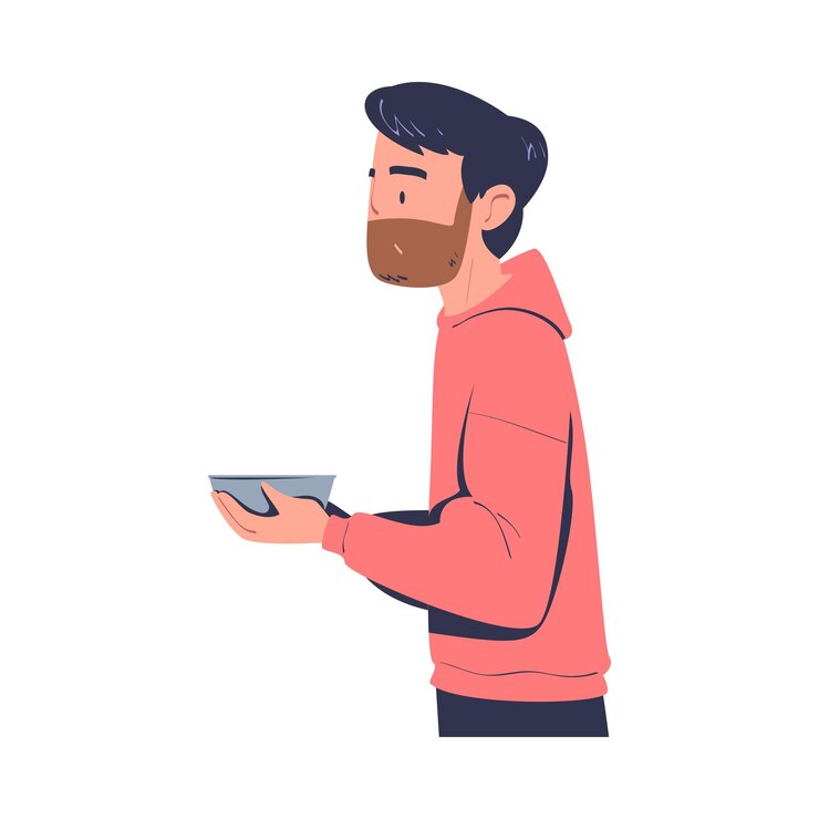 Vector poor homeless man with bowl waiting for free meal vector illustration