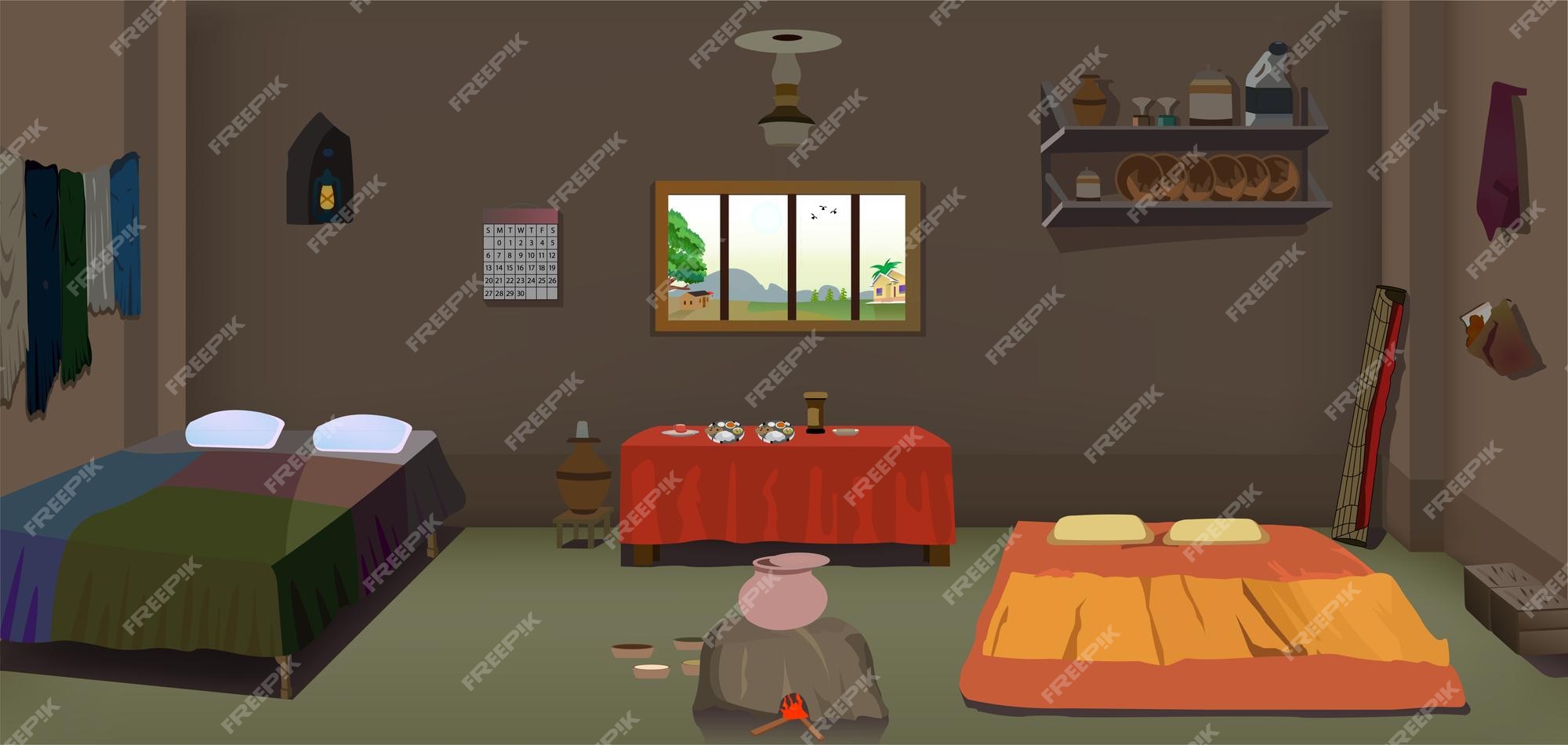 Premium Vector | Poor house room inside with kitchen cartoon background  with bed, table, window, door, chair vector.