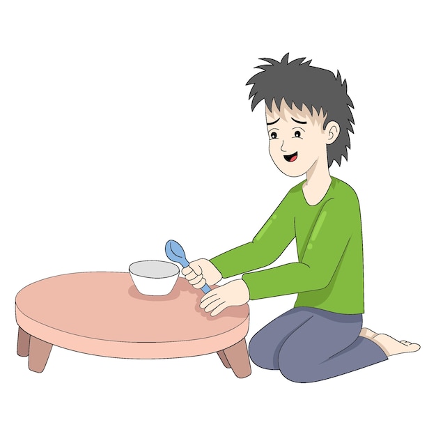 Poor man is sitting holding empty spoon and bowl has no food