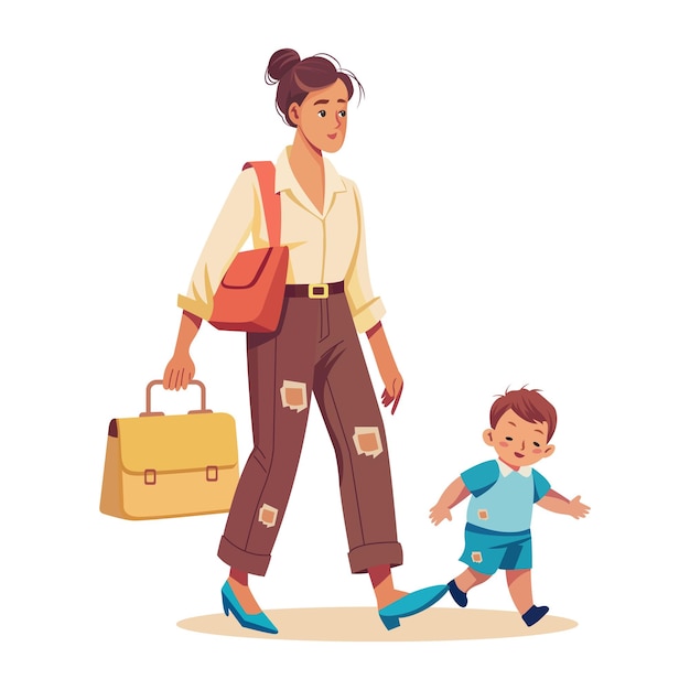 poor mother going to work with her kid illustration in flat style
