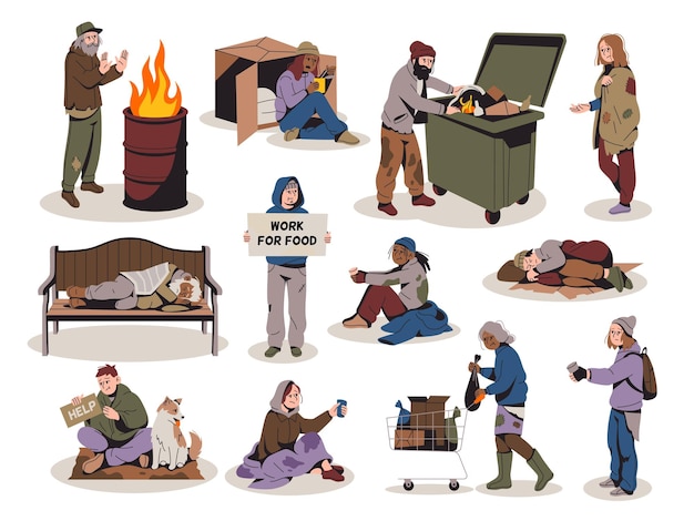 Vector poor people homeless male and female characters hungry depressive persons living low standard needing help begging money men and women bums and hobos stray tidy vector isolated set