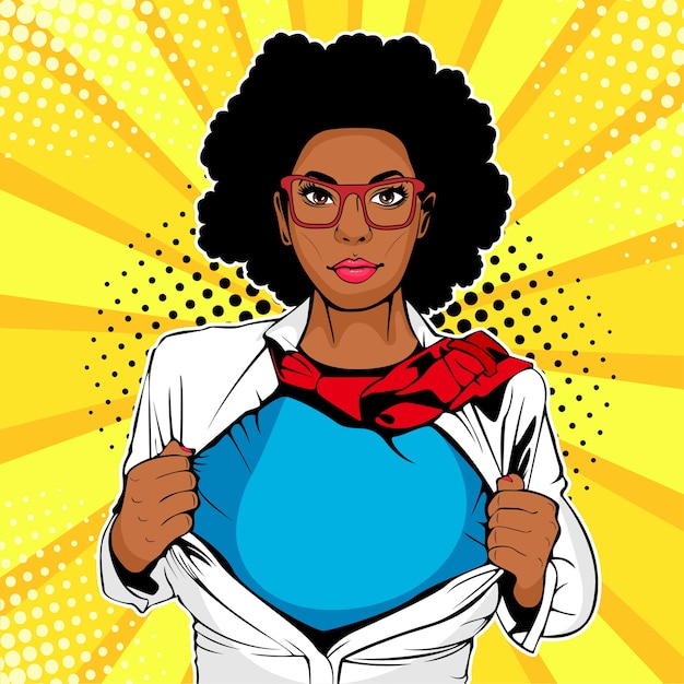 Pop art african american female with superhero t-shirt