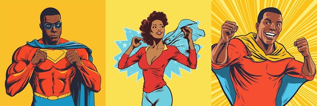 Pop art supereroe africano illustrazione vettoriale dei cartoni animati