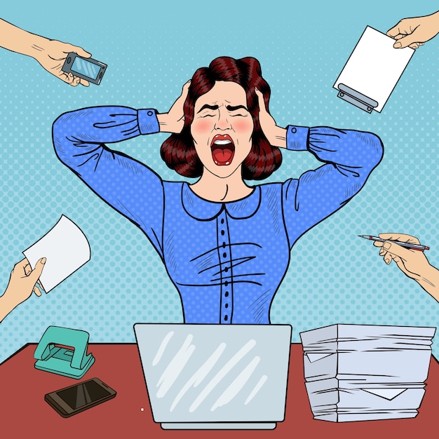 Pop art angry frustrated woman screaming at office work.  illustration