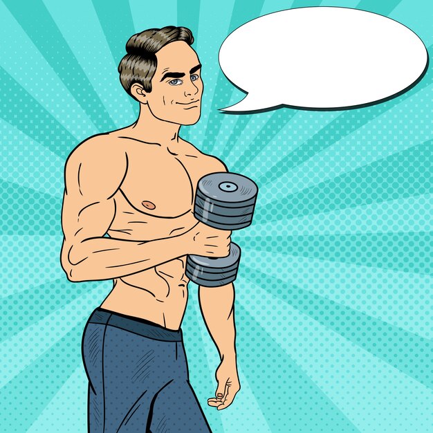 Pop Art Athletic Strong Man Exercising with Dumbbells.  illustration