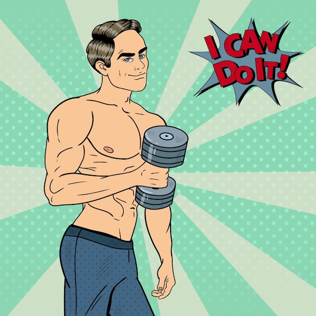 Pop art athletic strong man exercising with dumbbells.  illustration