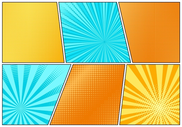 Vector pop art background. comic cartoon texture with halftone and sunburst. set starburst patterns. retro effect with beams and dots. vintage sunshine banner. vector illustration.