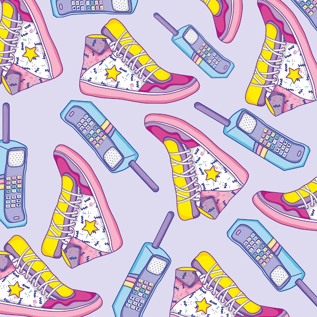 Scarpe e telefoni cellulari di sfondo pop art