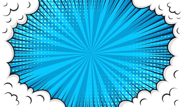 Pop art background with clouds, frame and halftone. Cartoon Superhero banner. Funny shape in comic style