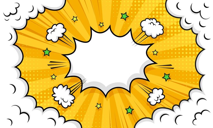 煙の雲、スペックバブル、ハーフトーンのポップアートの背景。漫画のスーパーヒーローのバナー。レトロな黄色のポスター