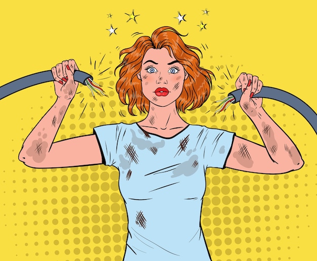 Pop art beautiful woman holding broken electrical cable after domestic accident.