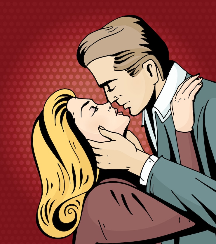 Vector pop art beautiful woman and man kissing.