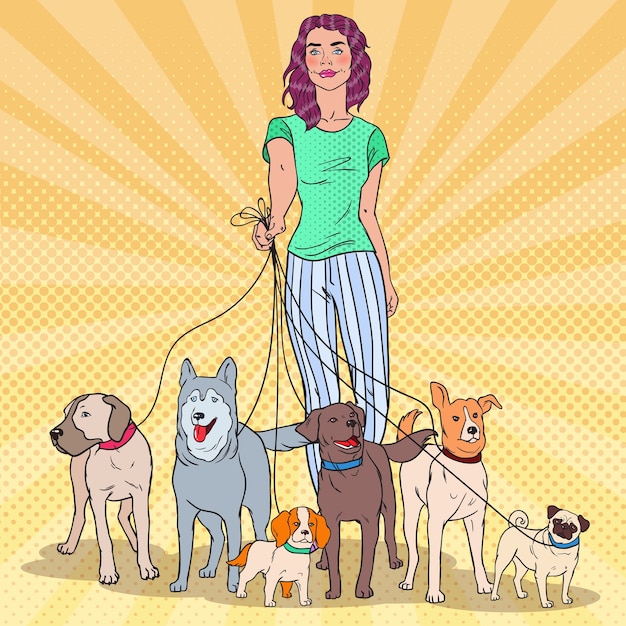 Pop Art Beautiful Woman Walking a pack of dogs