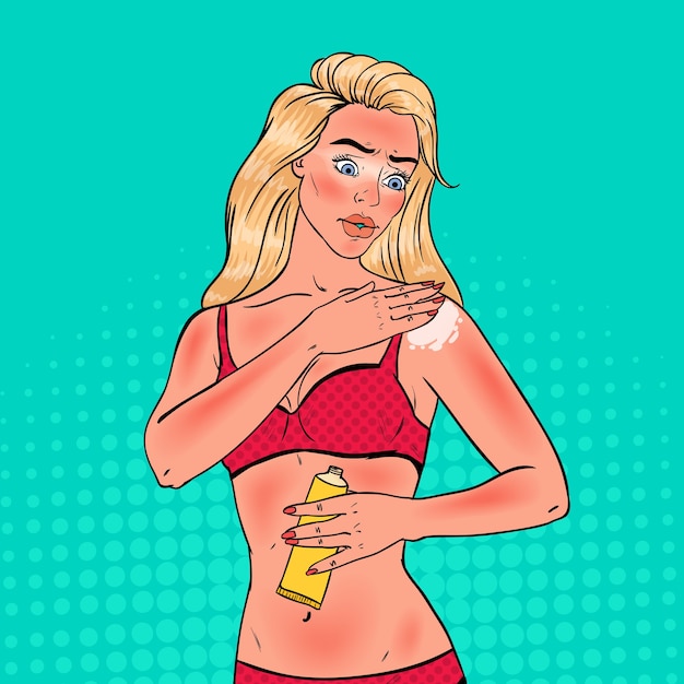 Vector pop art beautiful woman with sunburn. girl applying suncream on sunburned skin.