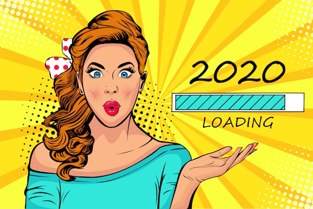 Pop art blonde woman looking at 2020 loading process. waiting for new year.