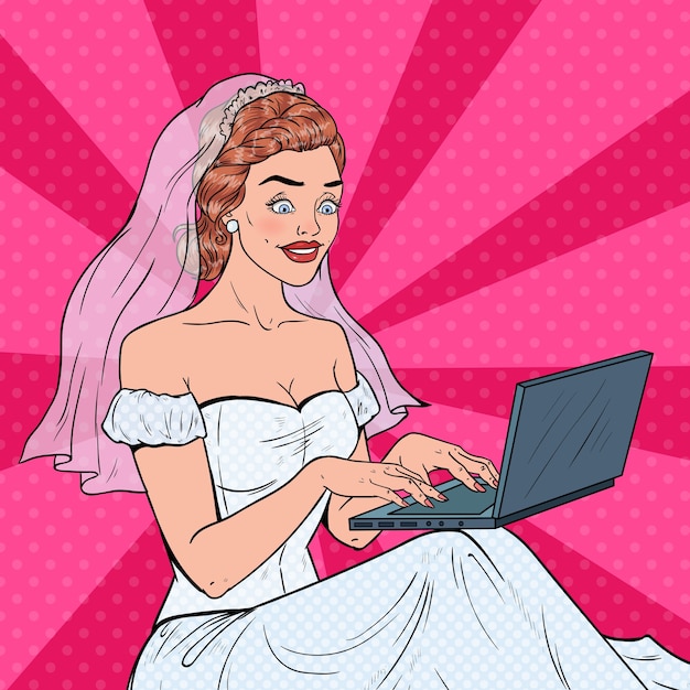 Sposa di pop art con il computer portatile. giovane donna felice in abito da sposa lo shopping online.